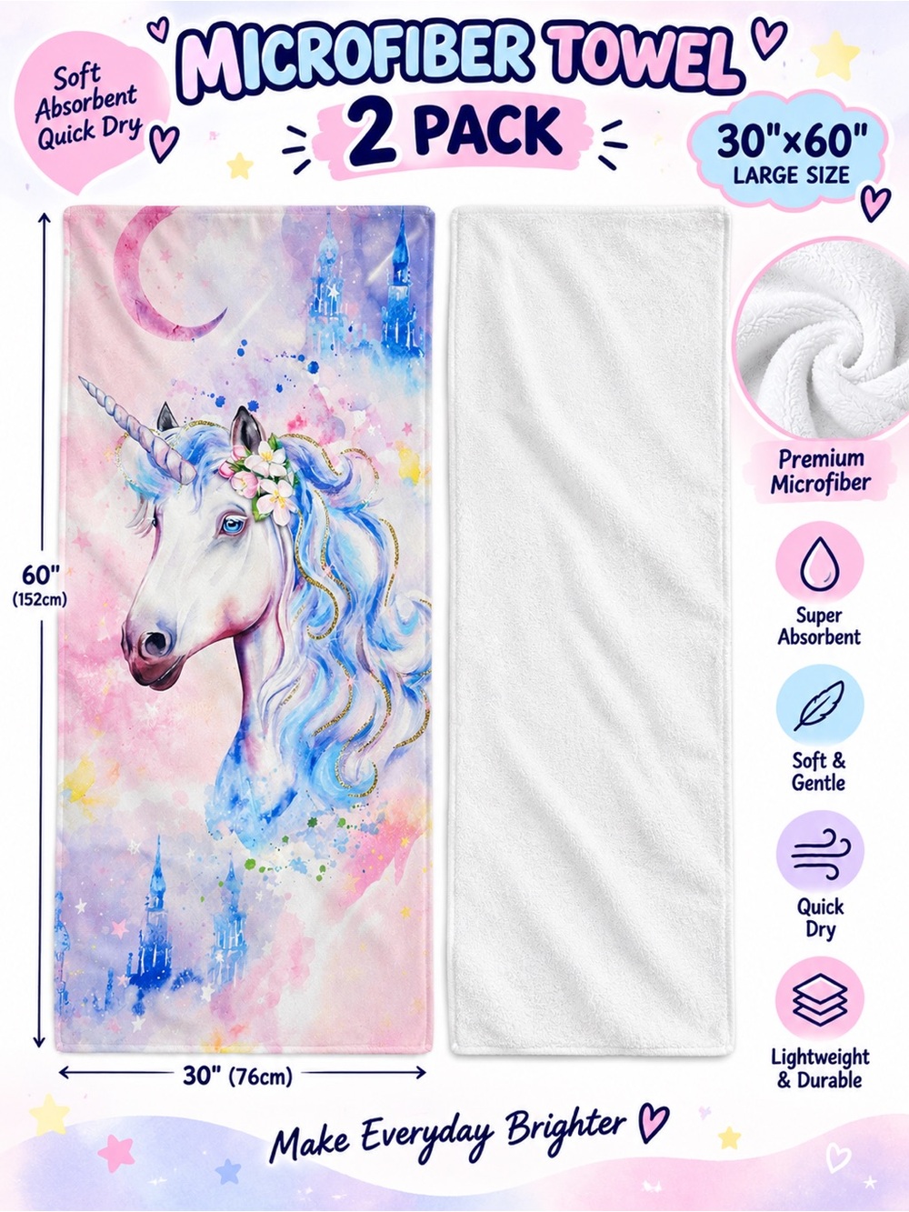 Unicorn Microfiber Towel 2-Pack - Soft Absorbent Kids Bath Towel, Pink & White